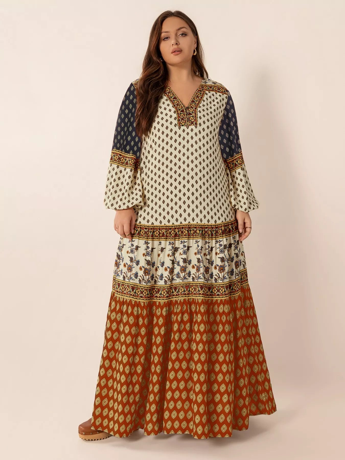 Plus Size Notched Balloon Sleeve Maxi Dress - Glamourous Grace