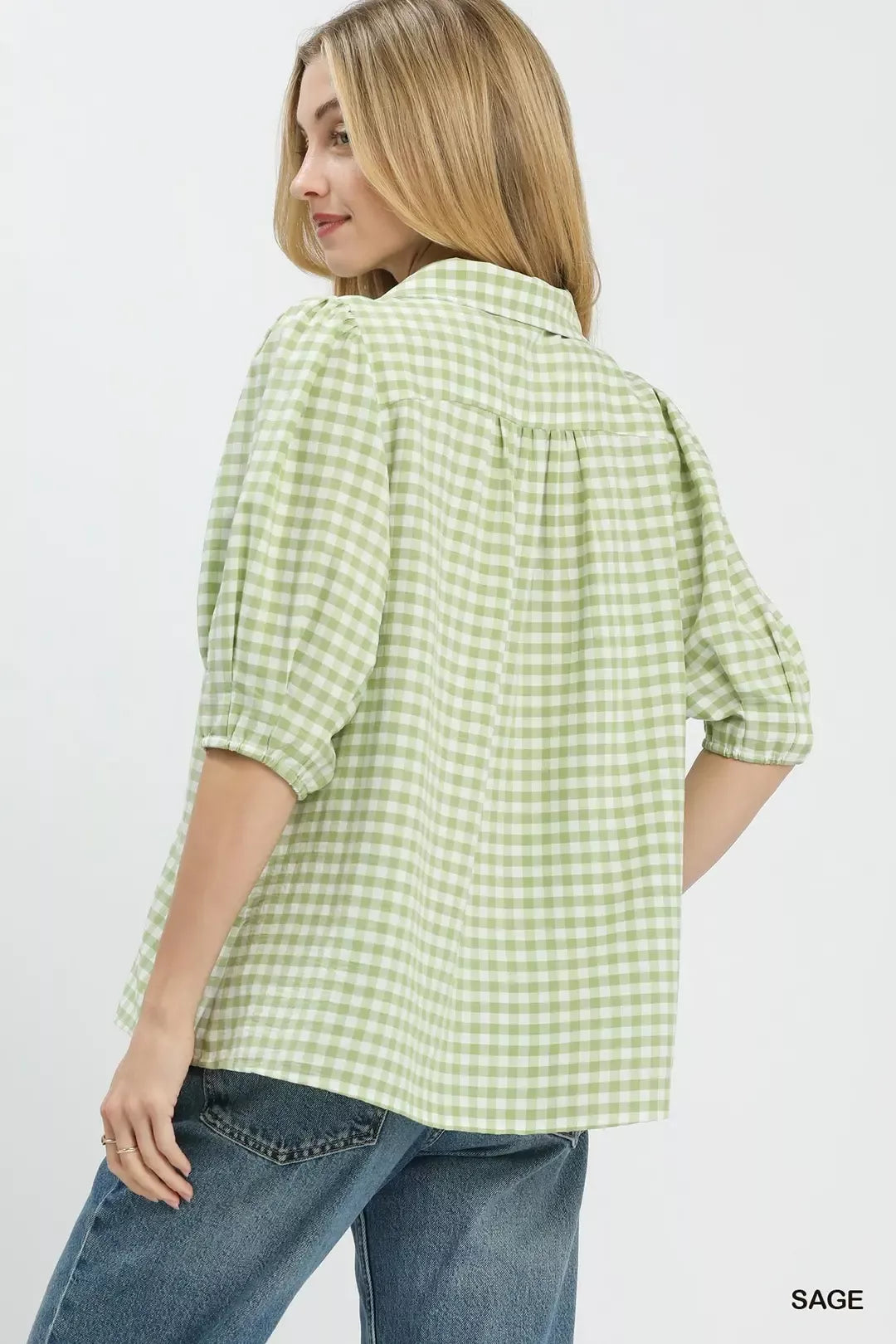 Umgee Gingham Puff Sleeve Collared Blouse in Sage - Glamourous Grace