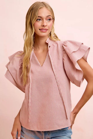 BiBi Twill Striped Ruffle Sleeve Blouse - Glamourous Grace