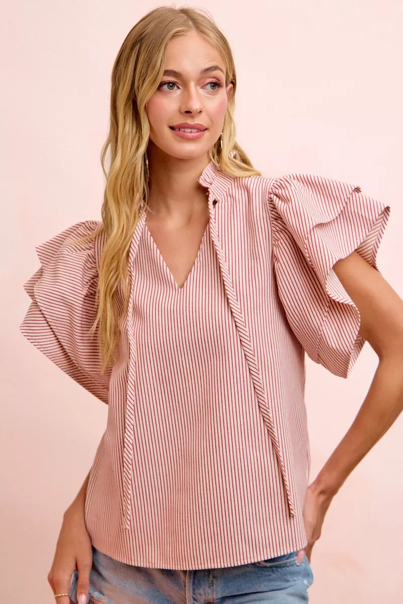 BiBi Twill Striped Ruffle Sleeve Blouse - Glamourous Grace