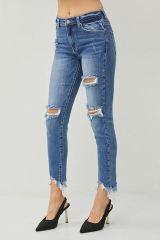 RISEN Destroyed Raw Frayed Hem Blue Denim Skinny Jeans