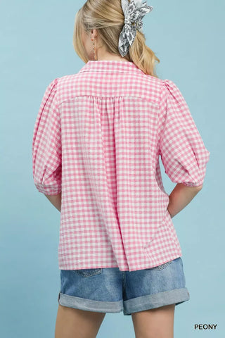 Umgee Gingham Puff Sleeve Collared Blouse in Pink - Glamourous Grace