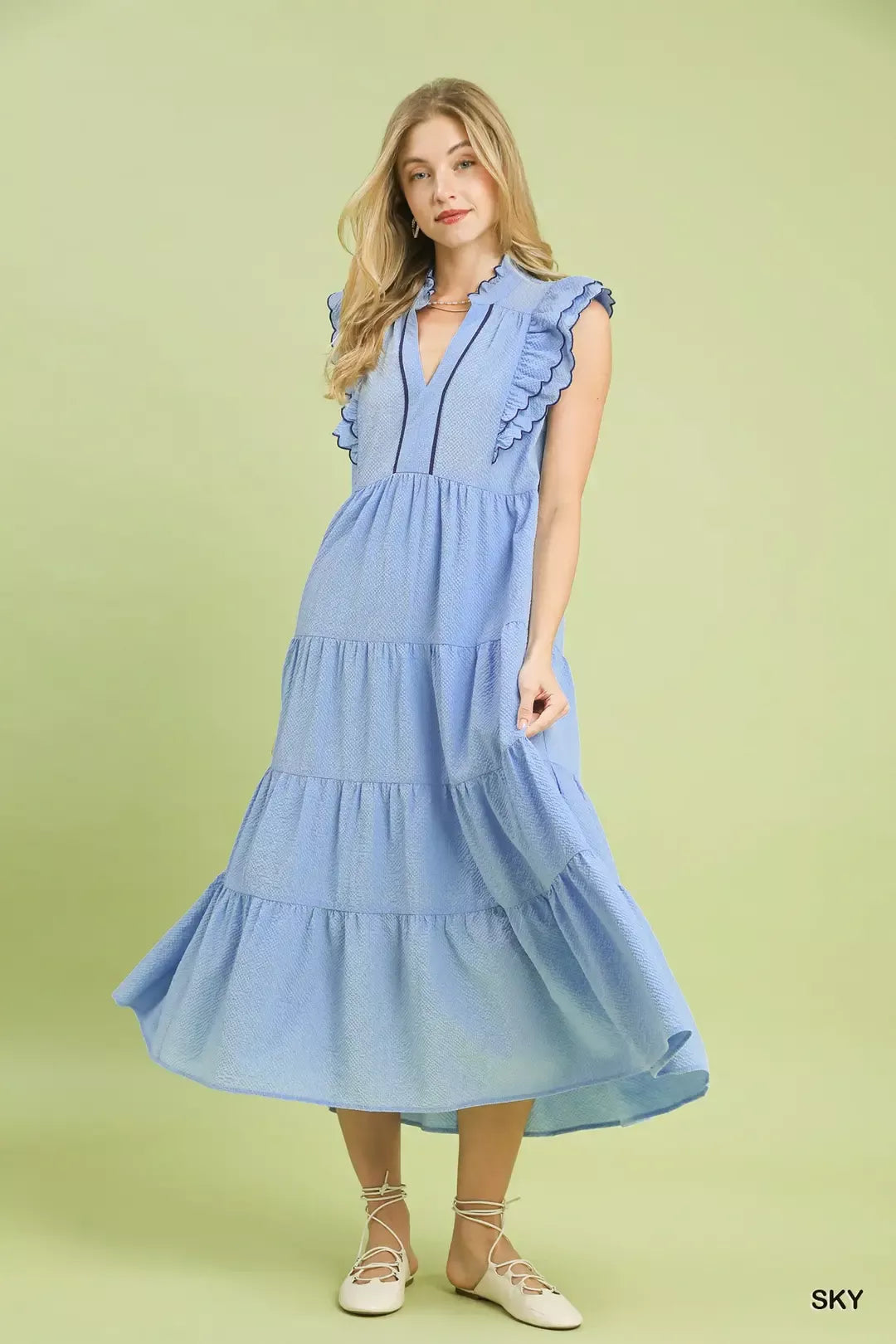 Umgee Seersucker Ruffle Sleeve Tiered Midi Dress - Glamourous Grace