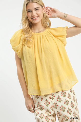 Umgee Crinkle Flutter Sleeve Peasant Top in Lemon - Glamourous Grace