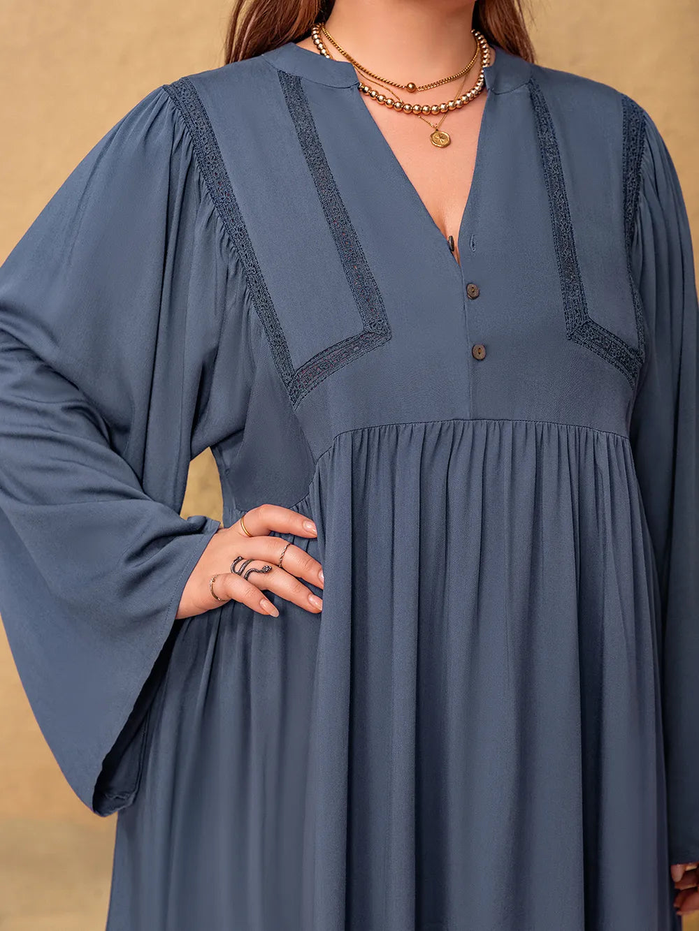 Plus Size Lace Detail Notched Long Sleeve Midi Dress - Glamourous Grace