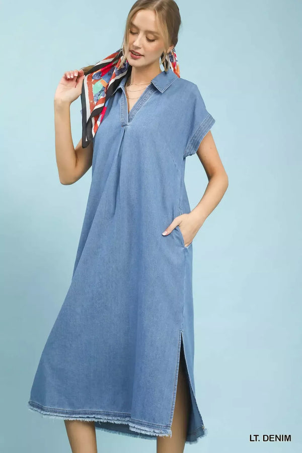 Umgee Stone Washed Collared Denim Midi Dress - Glamourous Grace