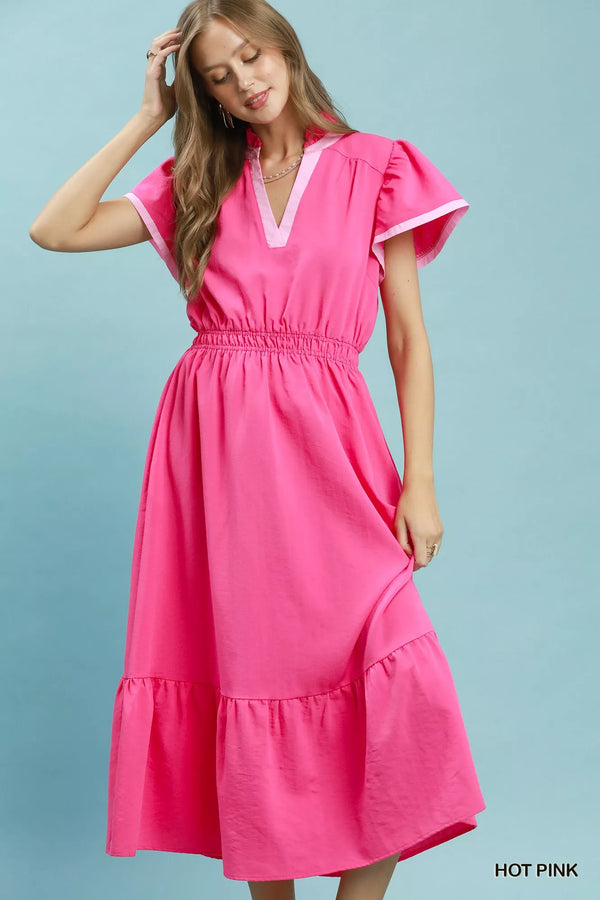 Umgee Contrast Trim Midi Dress with Tiered Ruffle Hem - Glamourous Grace