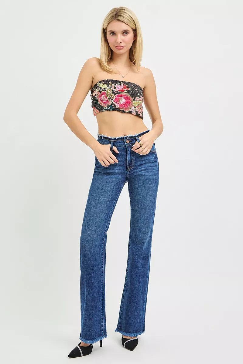 RISEN Mid Rise Bootcut Frayed Waistband Hem Detail Jeans - Glamourous Grace