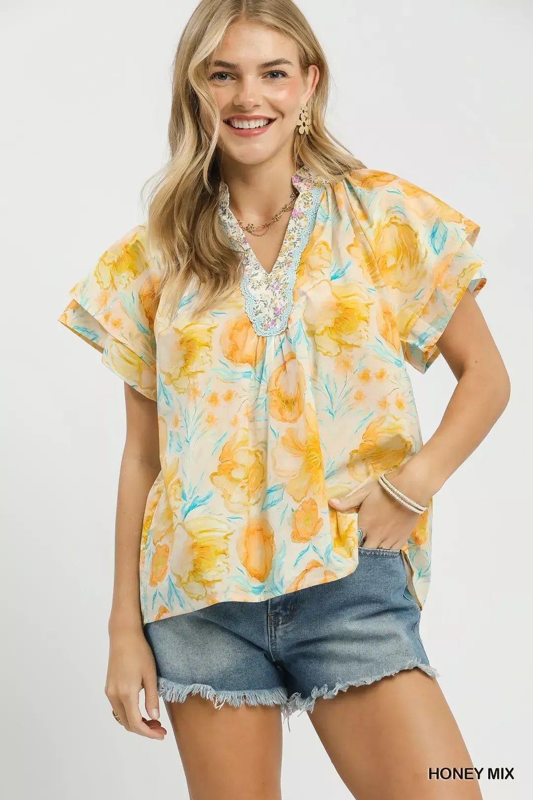Umgee Mix Floral Print Blouse with Crochet Lace Trim - Glamourous Grace