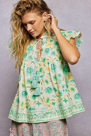 POL Tassel Tied Floral Flutter Sleeve Blouse in Mint - Glamourous Grace