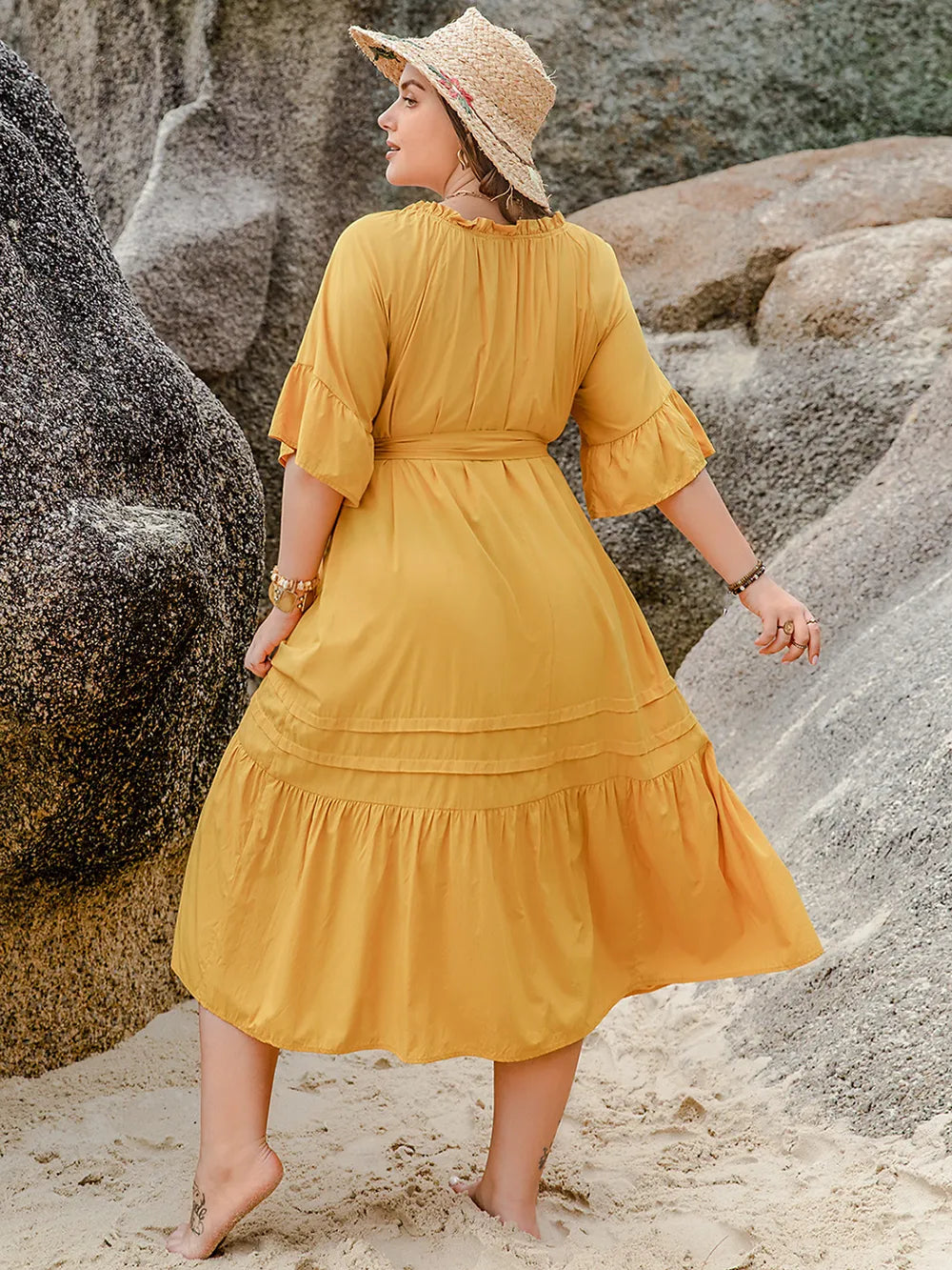 Plus Size Notched Tie Waist Half Sleeve Midi Dress - Glamourous Grace