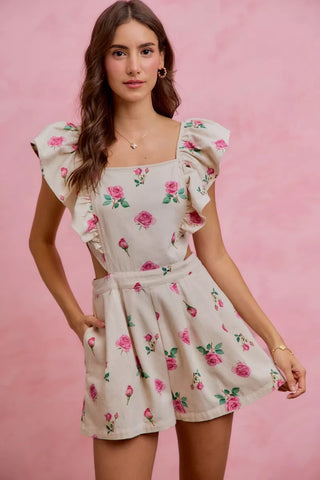 SO ME Floral Print Denim Cut Out Waist Ruffled Romper - Glamourous Grace