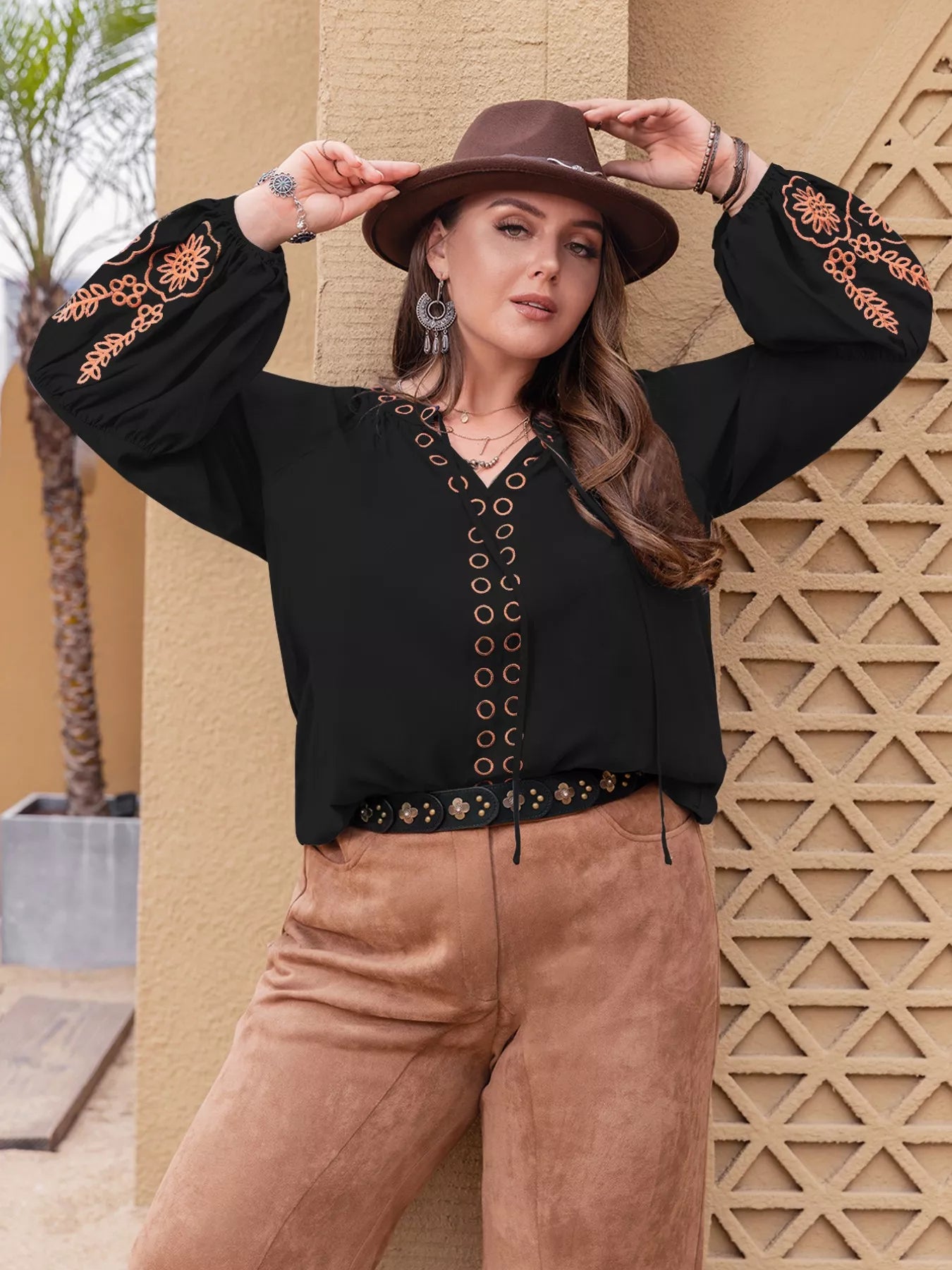 Plus Size Boho Embroidered Long Sleeve Blouse - Glamourous Grace