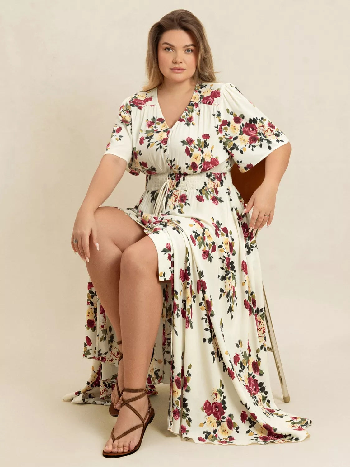Plus Size Floral Flutter Sleeve Maxi Dress with Button Front - Glamourous Grace