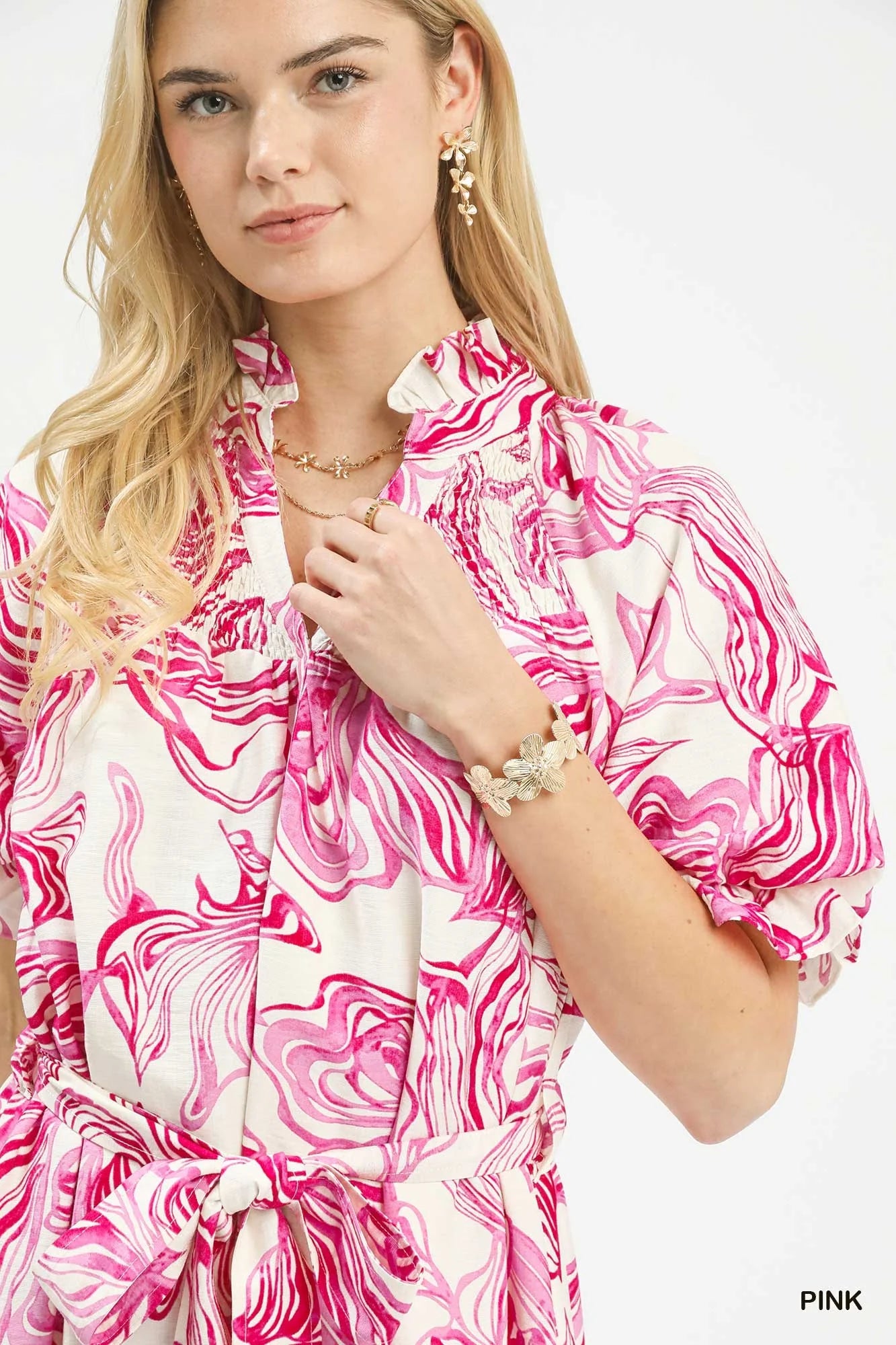 Umgee Abstract Print Smocked Tie Waist Midi Dress - Glamourous Grace
