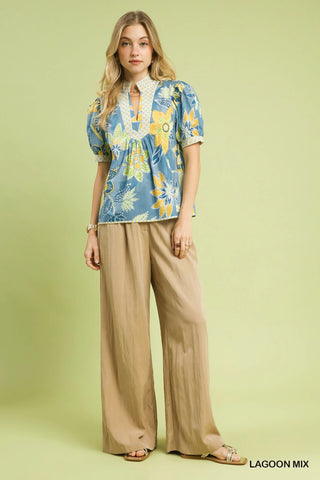 Umgee Mixed Abstract Print Puff Sleeve Blouse - Glamourous Grace
