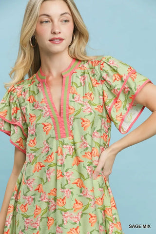 Umgee Floral Flutter Sleeve Tiered Dress - Glamourous Grace