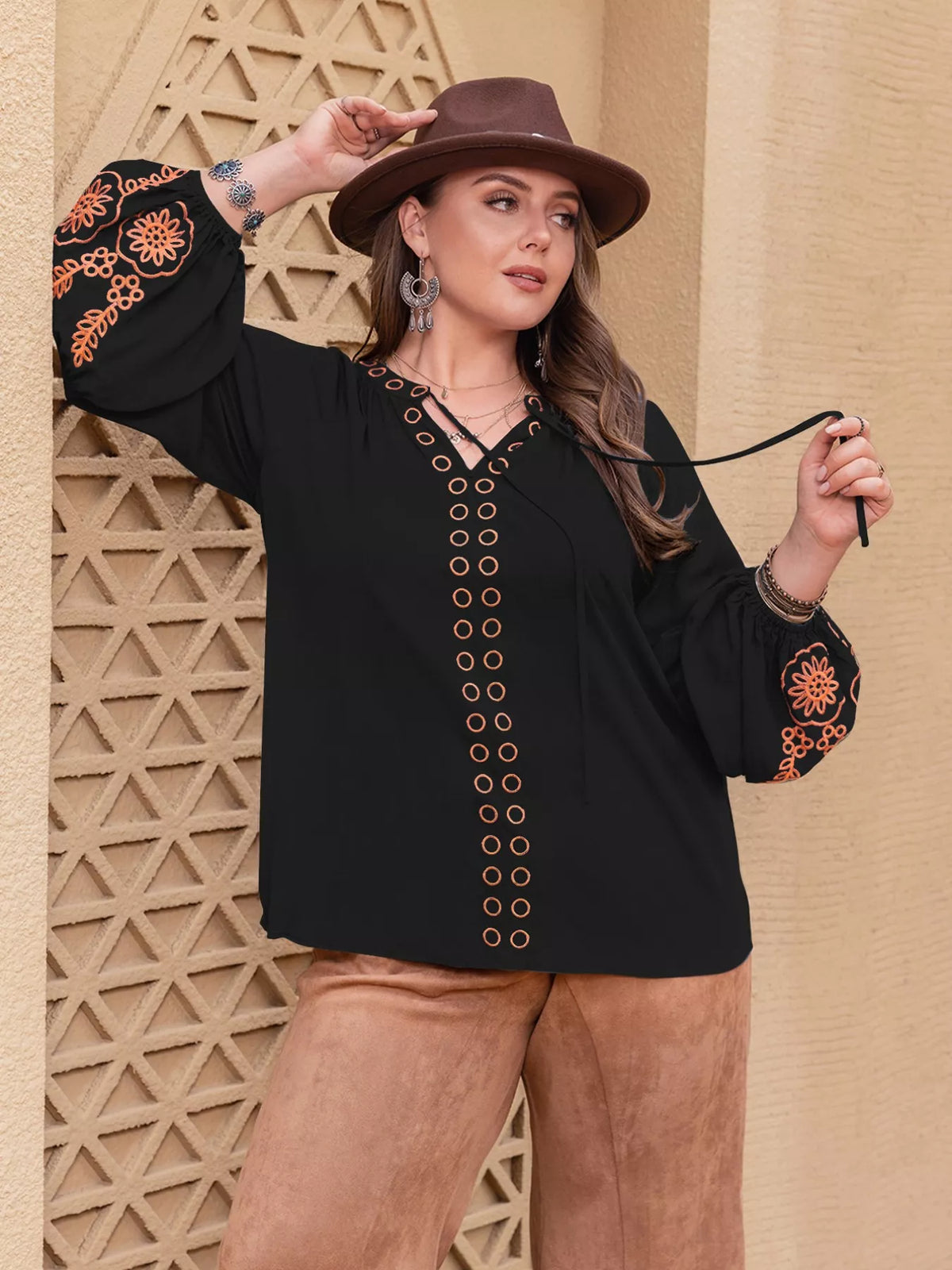 Plus Size Boho Embroidered Long Sleeve Blouse - Glamourous Grace