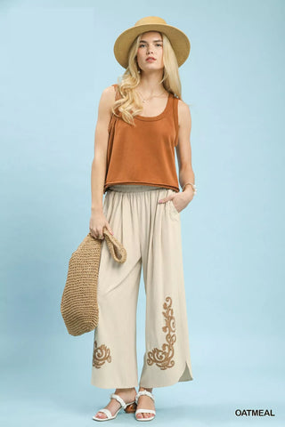 Umgee Linen Embroidered Wide-Leg Boho Pants - Glamourous Grace
