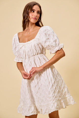 SO ME Texture Woven Ruching On Bust Mini Dress in White - Glamourous Grace
