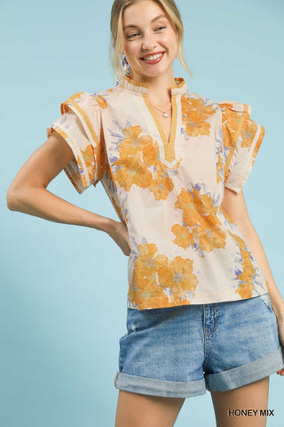 Umgee Mix Floral Ruffle Sleeve Blouse in Honey - Glamourous Grace