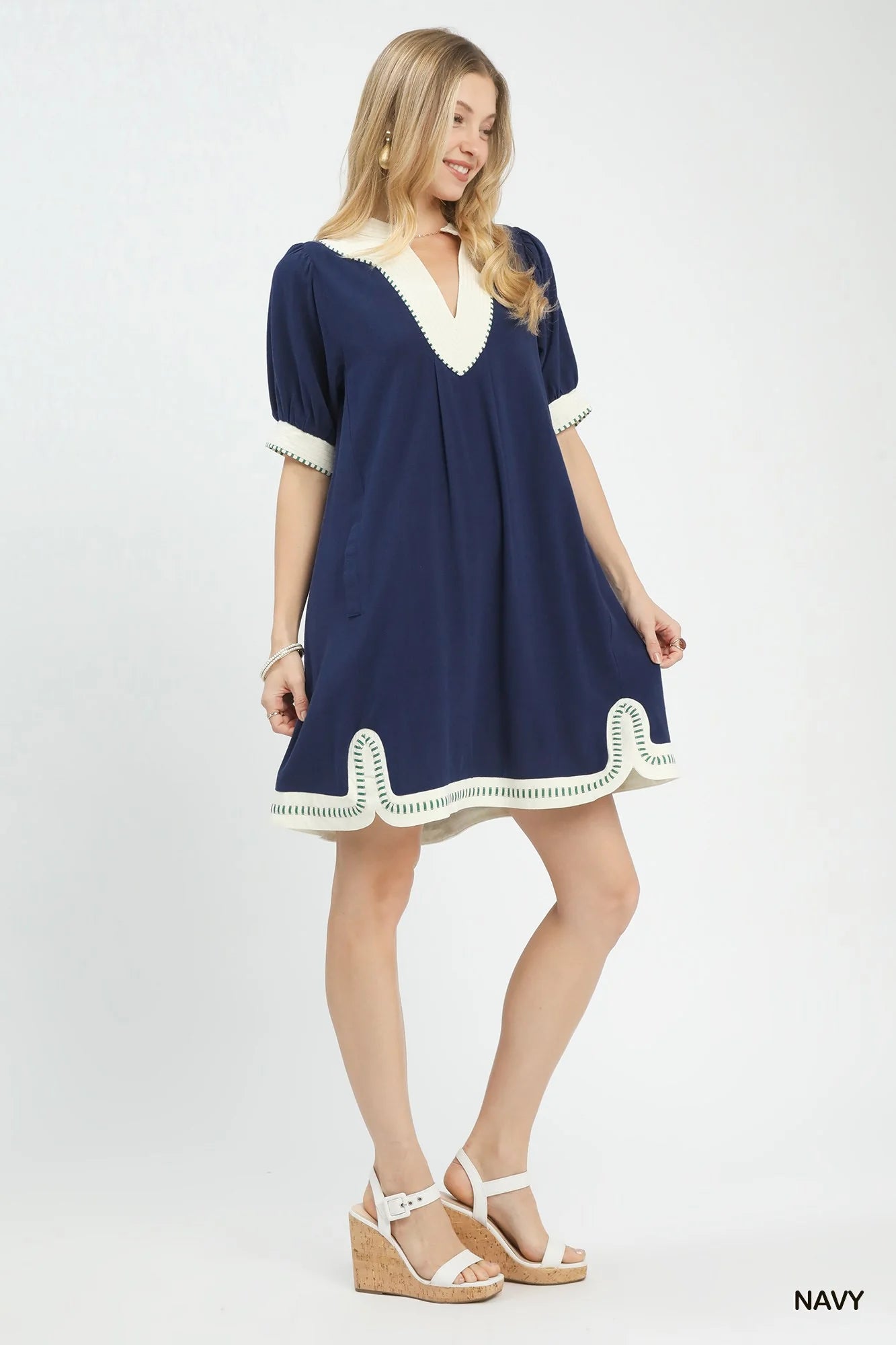 Umgee Linen Contrast Trim Midi Dress in Navy - Glamourous Grace