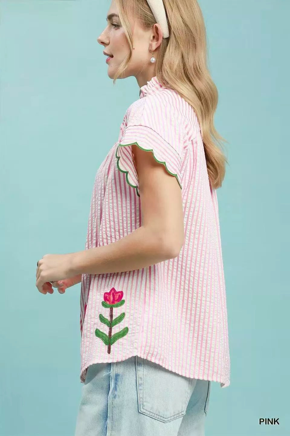 Umgee Embroidered Stripe Button Front Top - Glamourous Grace