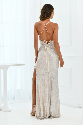 Eclipse Gown - Platinum - V-Neck Sequin Dress - Glamourous Grace