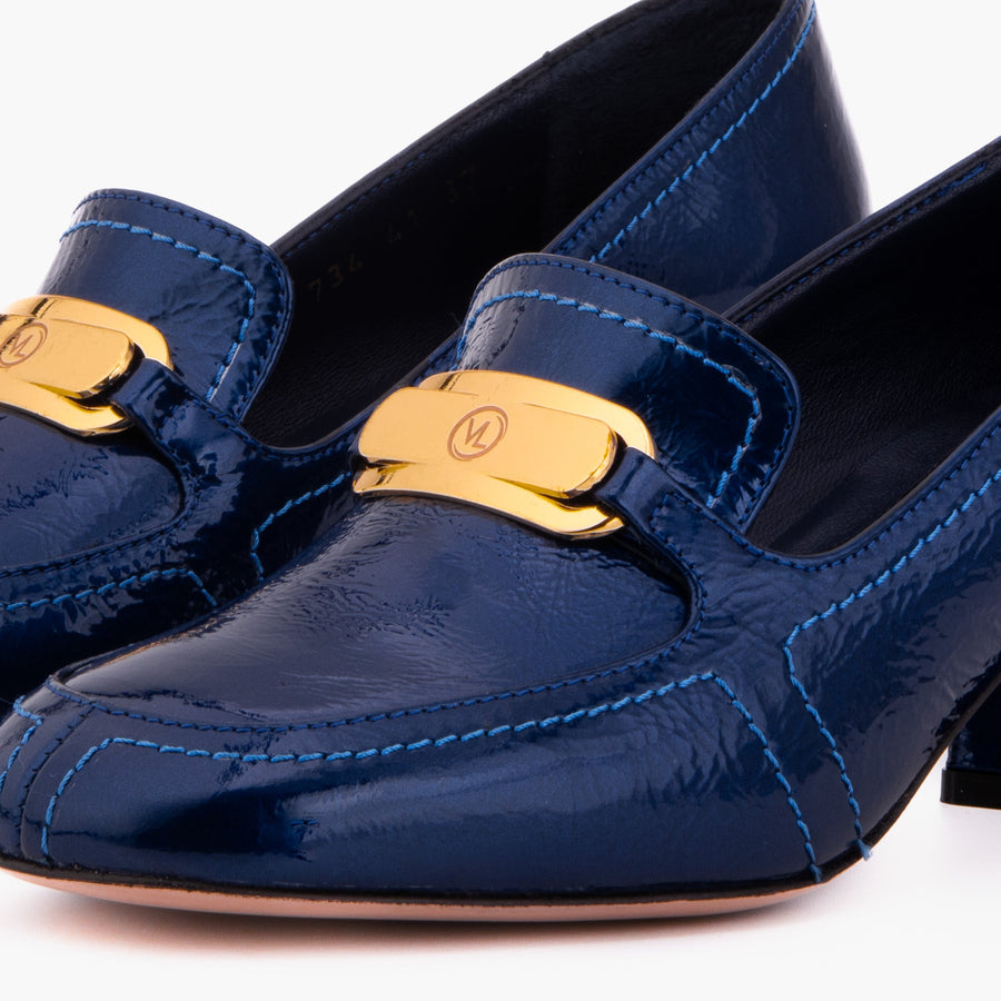 The Victoria Navy Blue Leather Block Heel Pump Women Shoe - Glamourous Grace