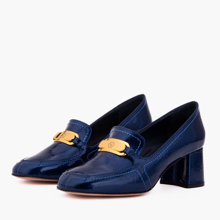 The Victoria Navy Blue Leather Block Heel Pump Women Shoe - Glamourous Grace