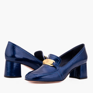 The Victoria Navy Blue Leather Block Heel Pump Women Shoe - Glamourous Grace
