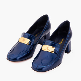The Victoria Navy Blue Leather Block Heel Pump Women Shoe - Glamourous Grace