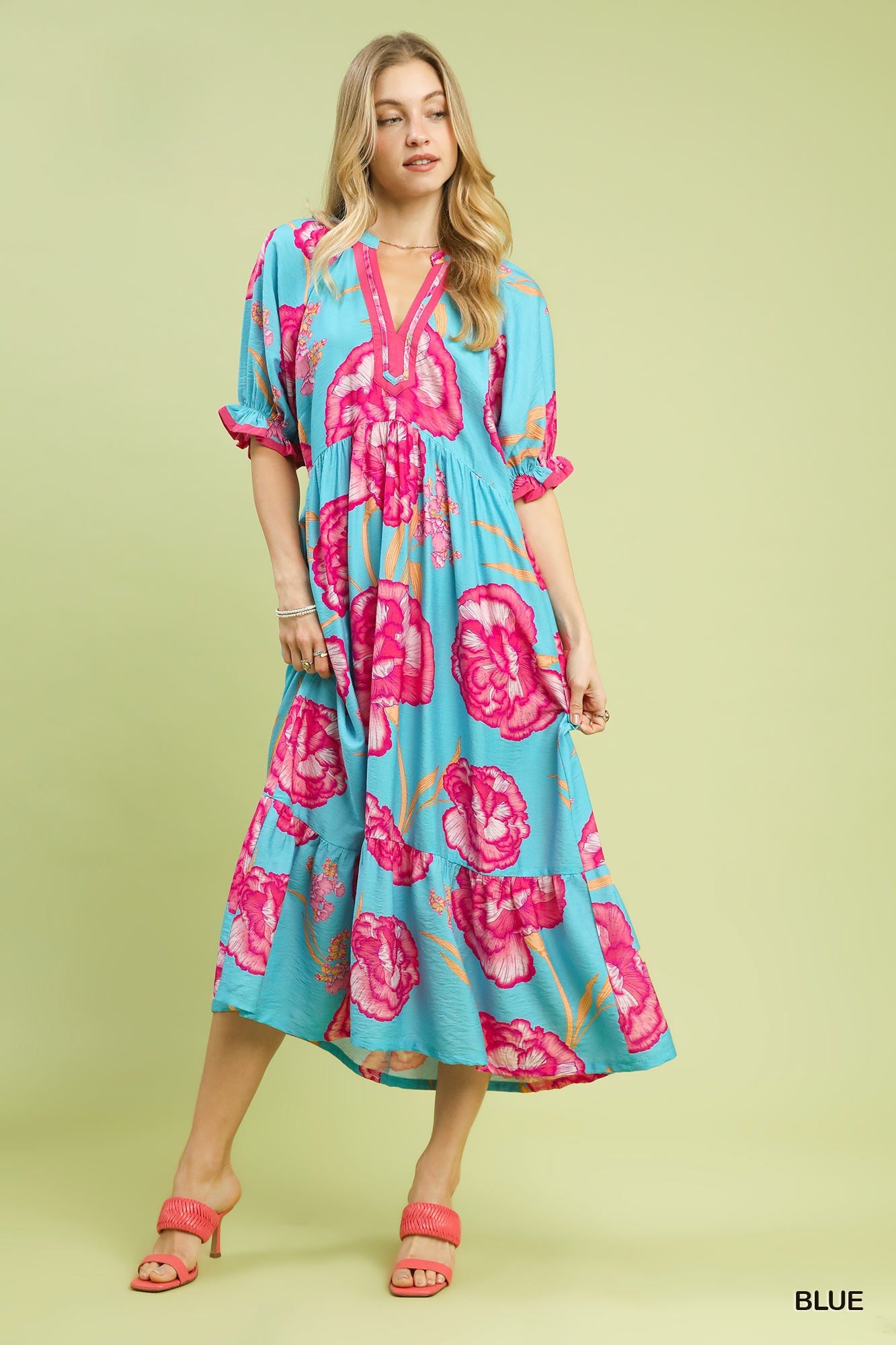 Umgee Floral Print Midi Dress with Contrast Trim - Glamourous Grace