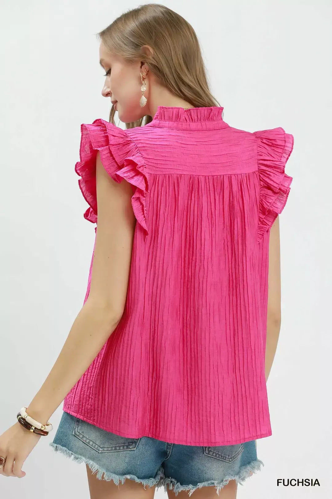 Umgee Textured Ruffle Sleeve Split V Neck Top - Glamourous Grace