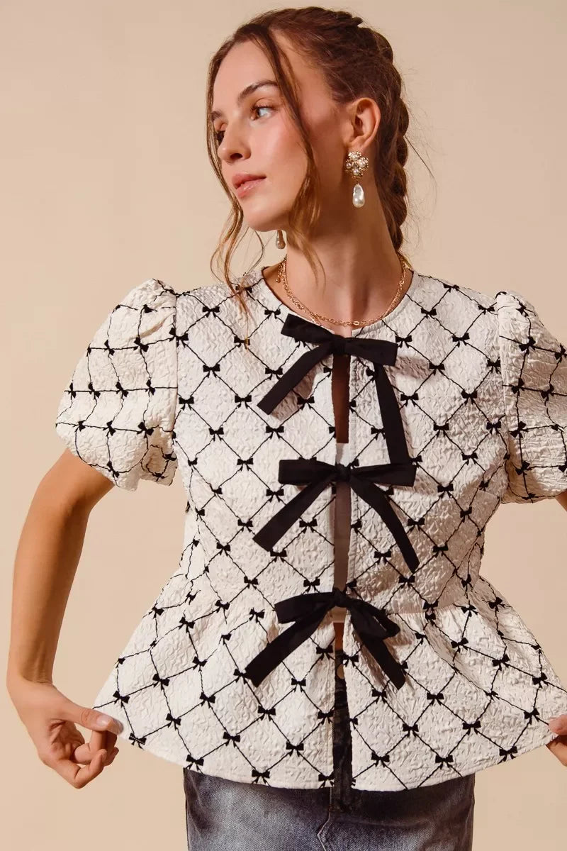SO ME Bow Texture Woven Peplum Top With Contrast Tie - Glamourous Grace