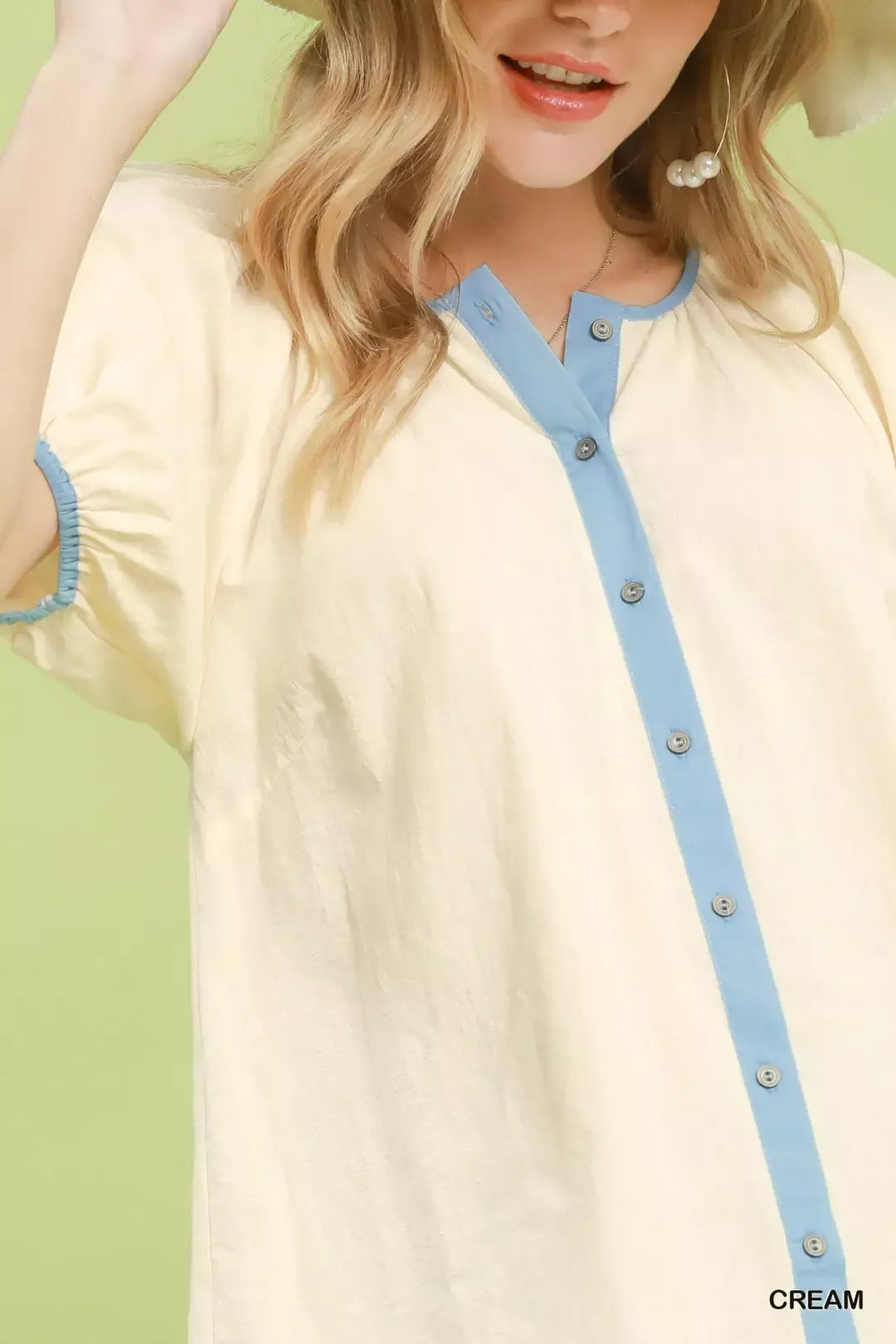 Umgee Contrast Trim Button Front Puff Sleeve Blouse - Glamourous Grace