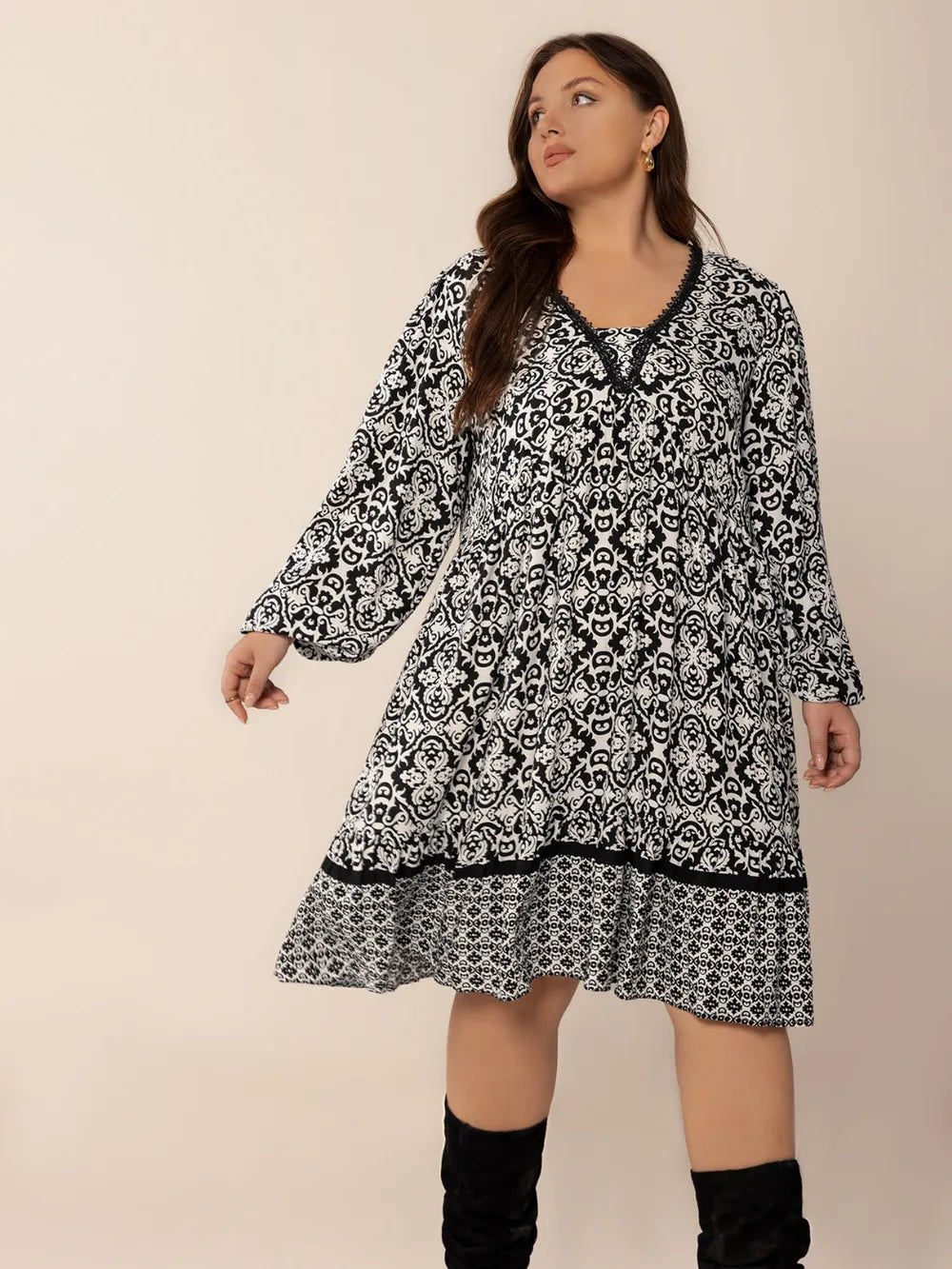 Plus Size Lace Detail Printed Balloon Sleeve Dress - Glamourous Grace