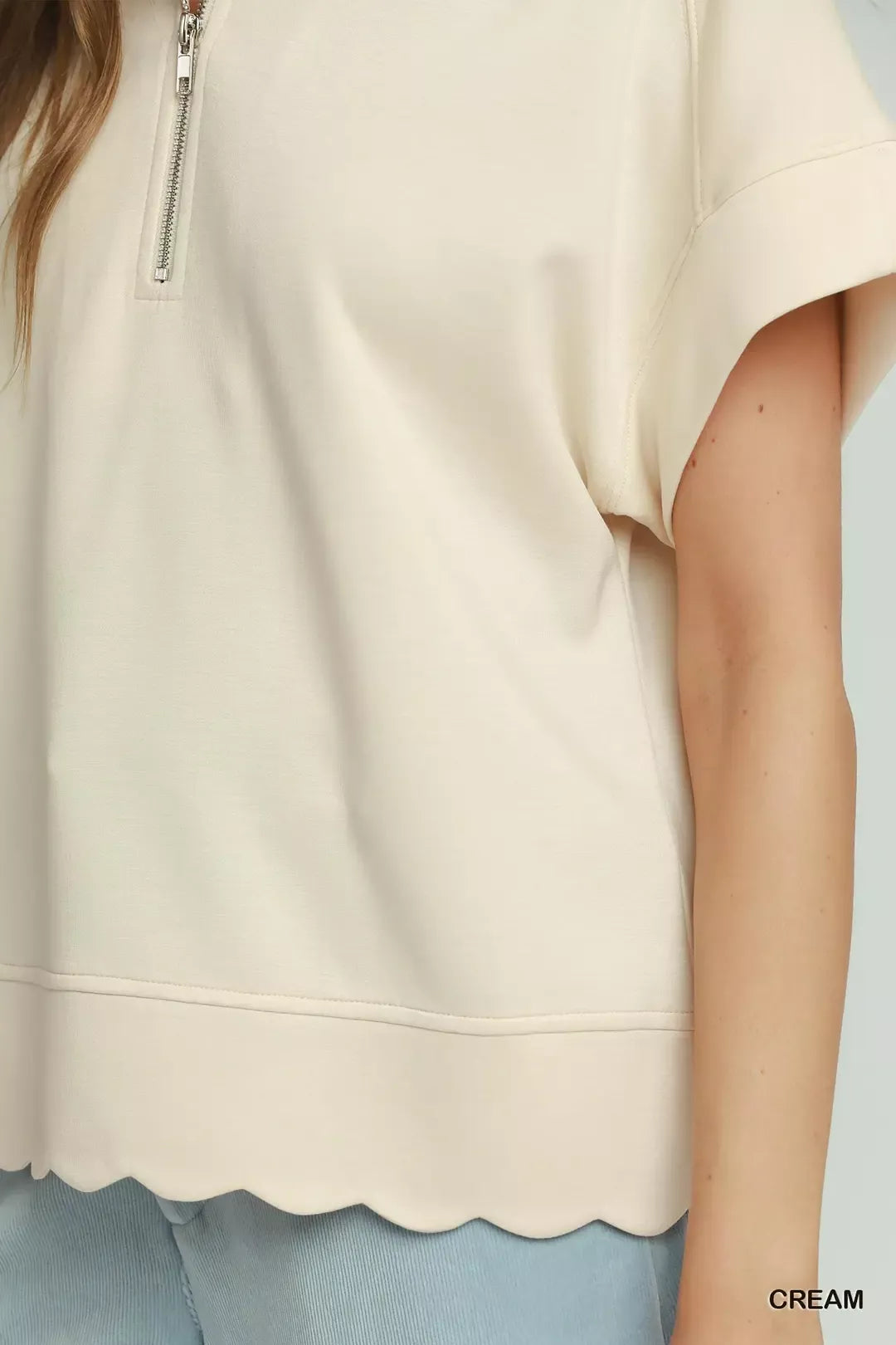 Umgee Half Zip Pullover with Scalloped Edge Hem - Glamourous Grace