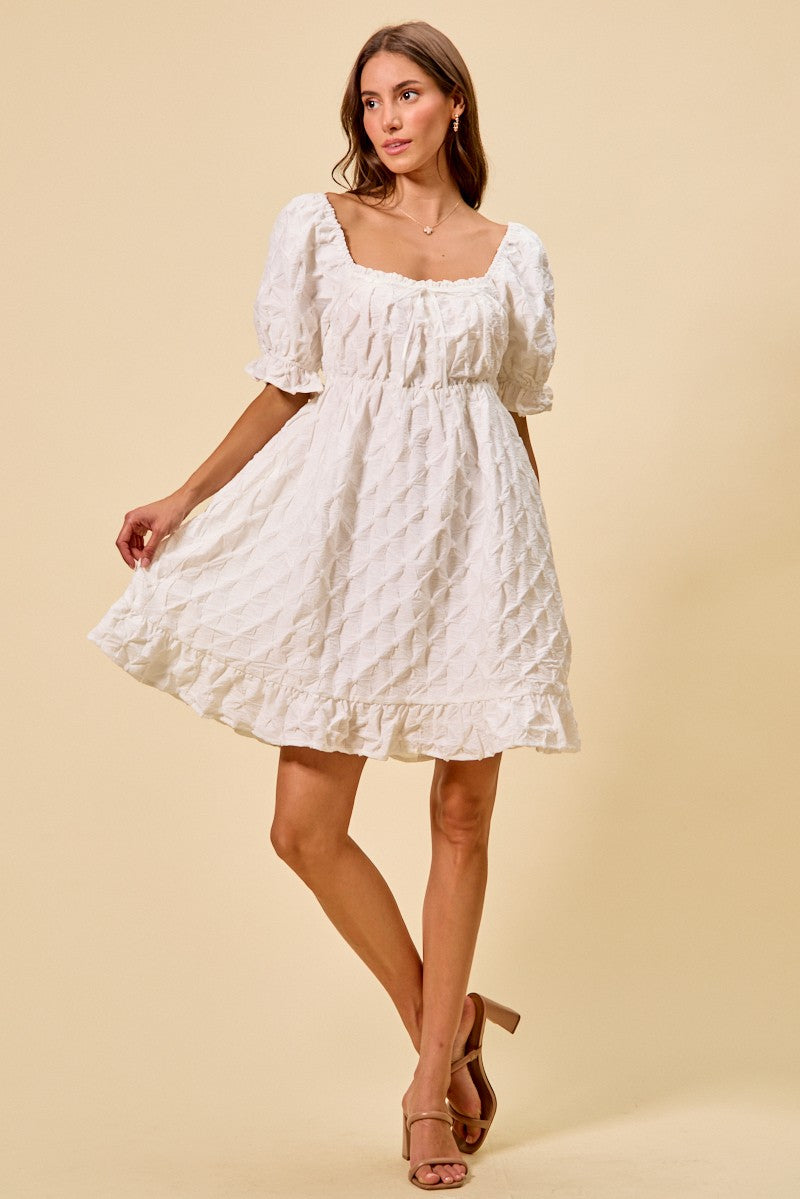 SO ME Texture Woven Ruching On Bust Mini Dress in White - Glamourous Grace