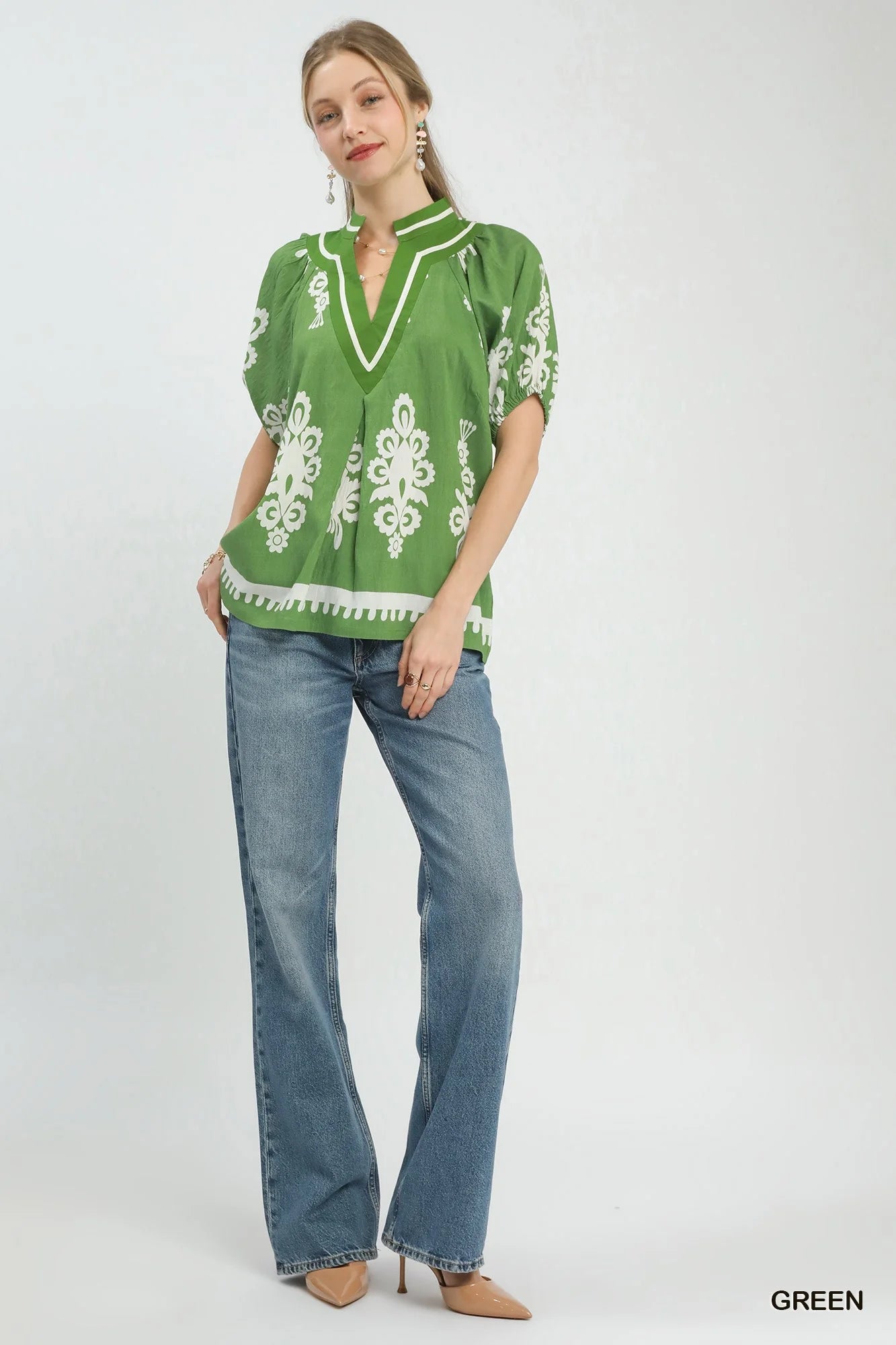 Umgee Boho Print Split-Neck Short Sleeve Top - Glamourous Grace