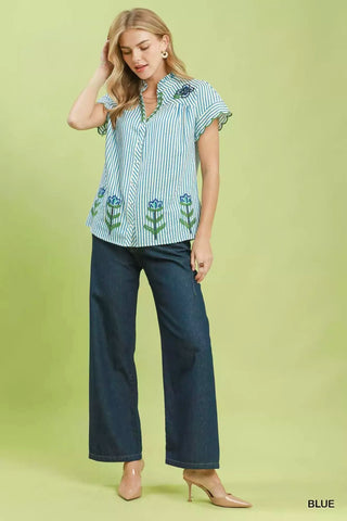 Umgee Embroidered Stripe Button Front Top - Glamourous Grace
