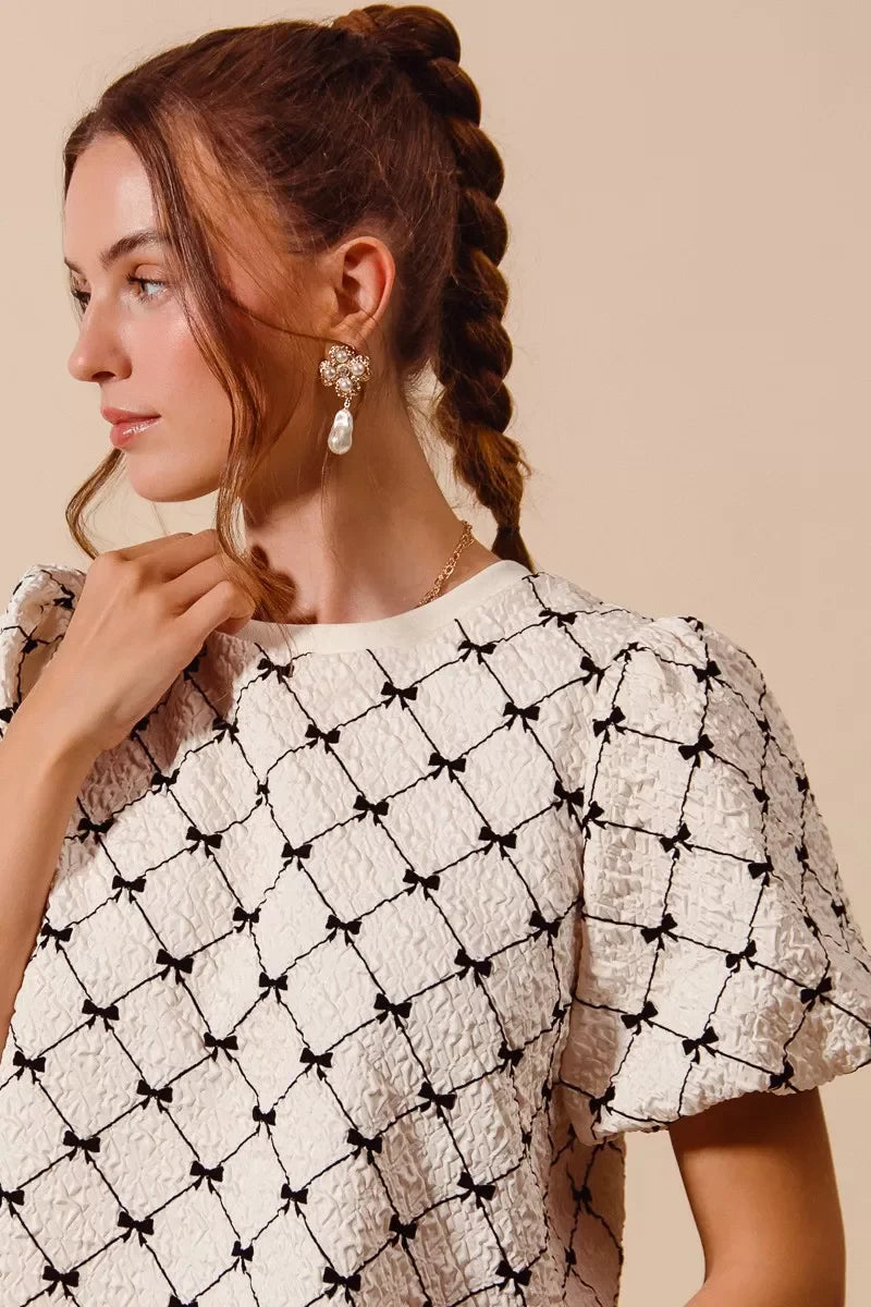 SO ME Bow Texture Woven Bubble Sleeve Top - Glamourous Grace
