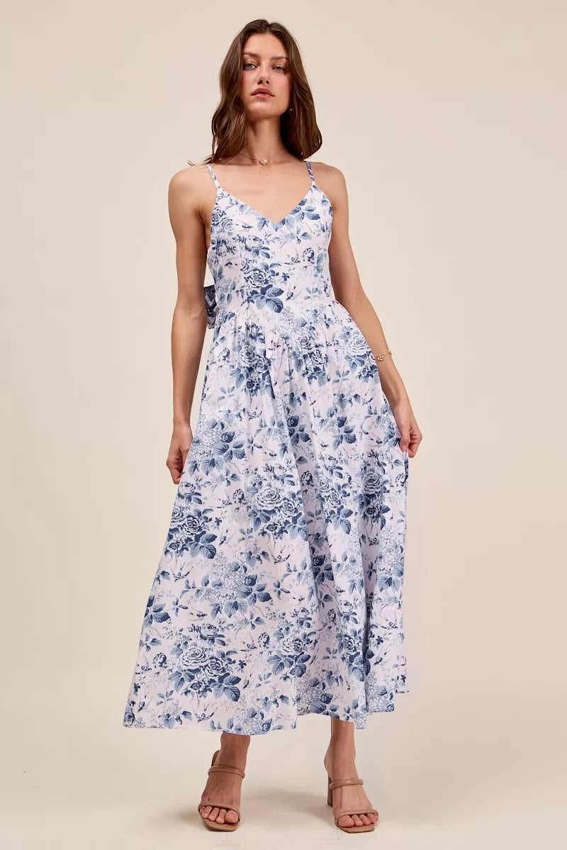 SO ME Floral Woven V Neck Dress With Back Ribbon Tie - Glamourous Grace