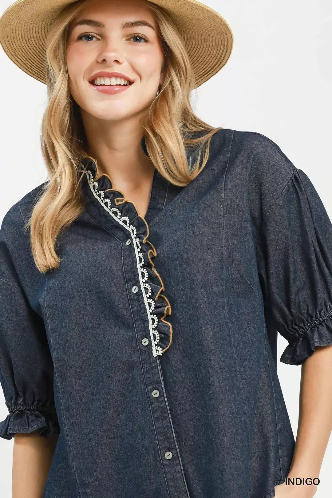 Umgee Chambray Scalloped Trim Button Front Blouse - Glamourous Grace