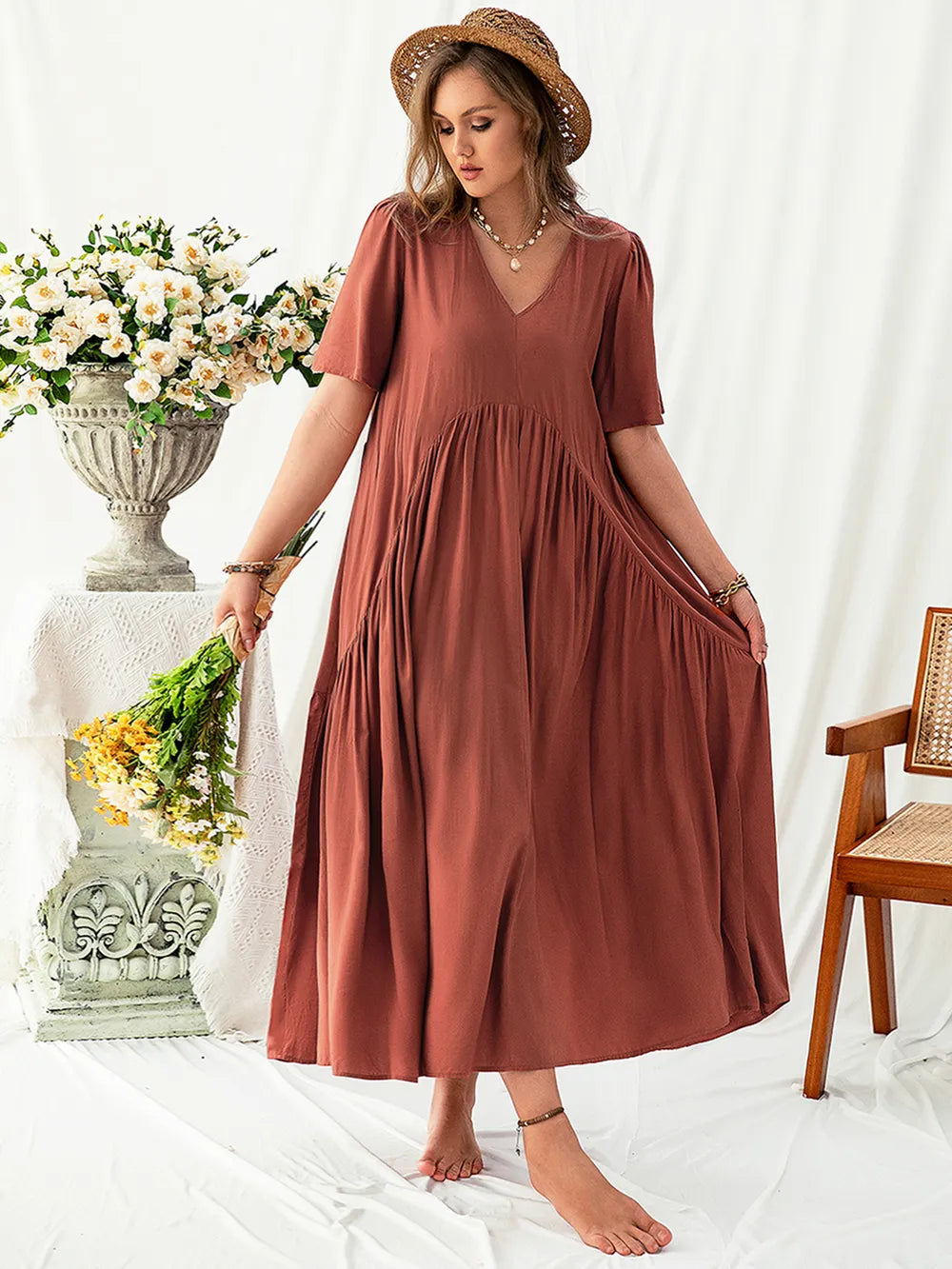 Plus Size V-Neck Flutter Sleeve Midi Dress - Glamourous Grace