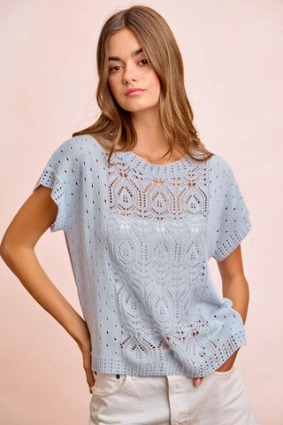 BiBi Washed Eyelet Short Sleeve Breathable Knit Top - Glamourous Grace