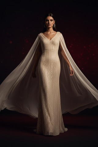 Beaded Gown with Satin Cape Sleeves – Editorial Luxury
