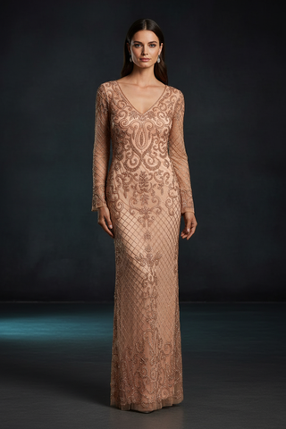 Beaded Long Sleeve V-neck Gown – Direct Reference