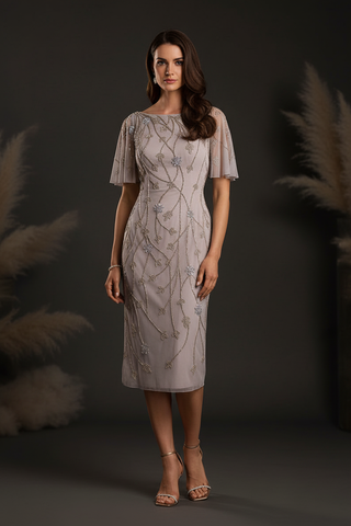 Beaded Midi Dress with Cape Sleeves - Glamourous Grace