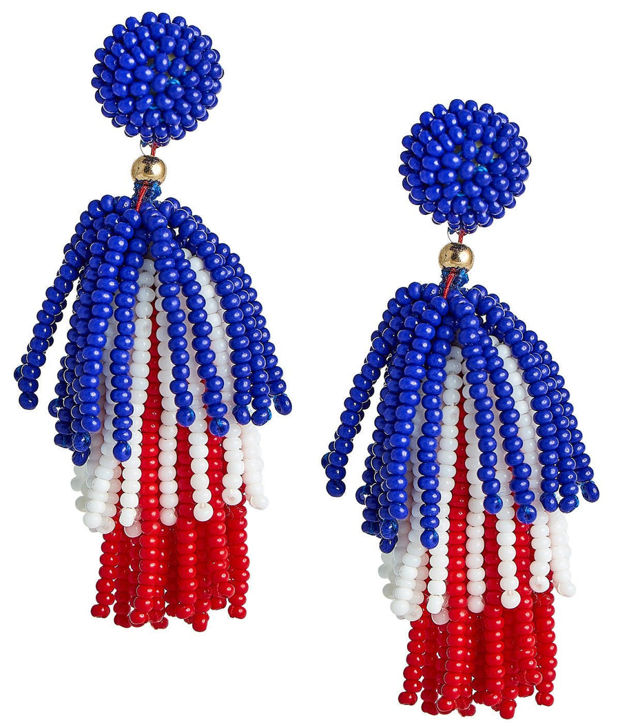 Beaded Tassel Earrings - RED WHITE & BLUE - Glamourous Grace